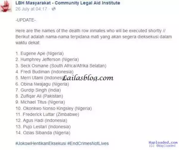 See the names of 6 Nigerian to be executed tonight in Indonesia over drug trafficking